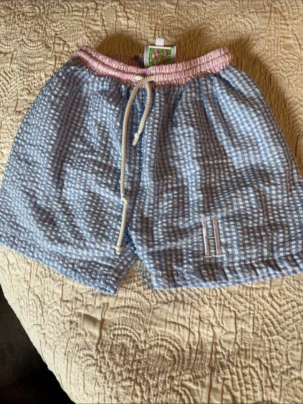 Seersucker Blue Gingham Drawstring Swim with Pink Waistband and Embroidered H